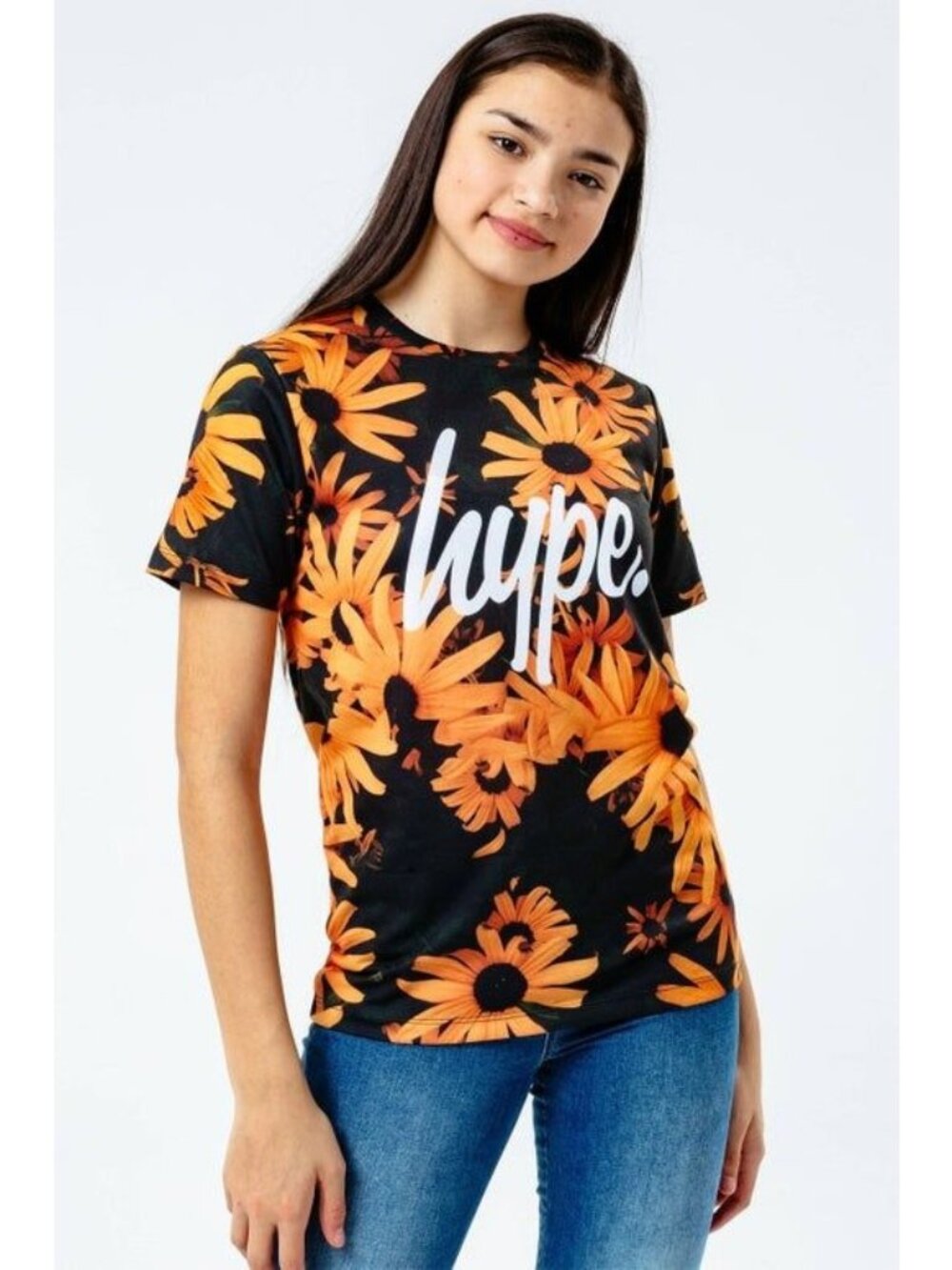 Hype Black & Orange Floral T-Shirt 5/6 Graphic Tee For Kids